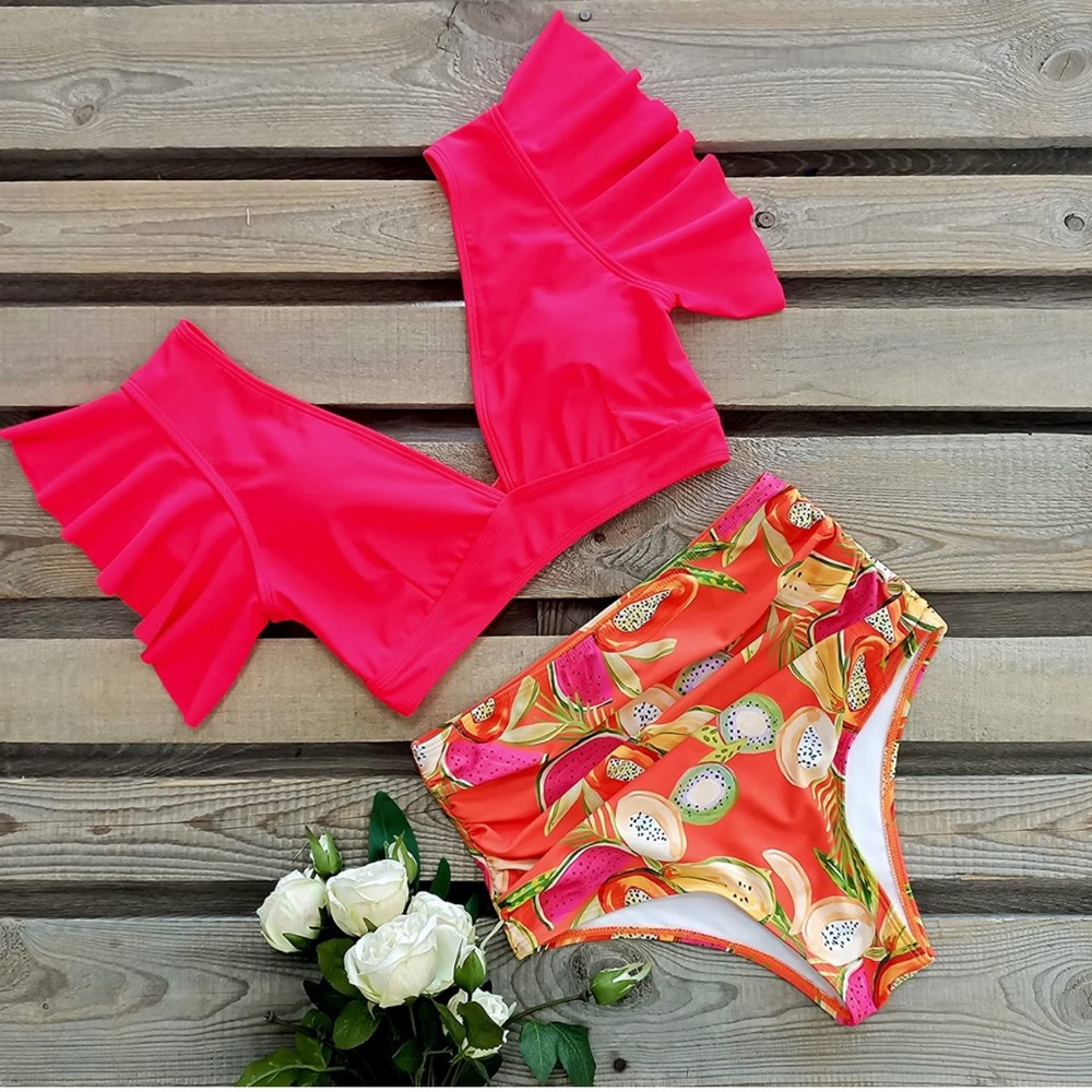 NWT Sporlike Women’s Ruffle High Waist Two-Piece Swim Tropical Print. Size Small